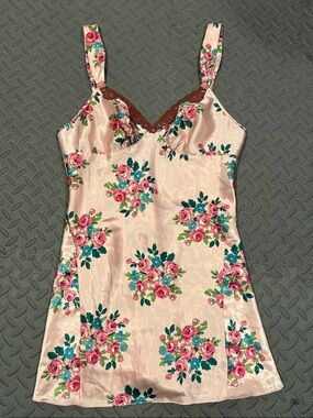 Betsey Johnson Pink Floral Satin Chemise with Brown Lace Trim